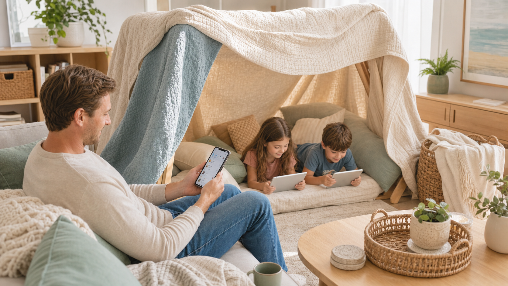 A parent reviewing controls while children play near devices in a light blanket-fort living room.